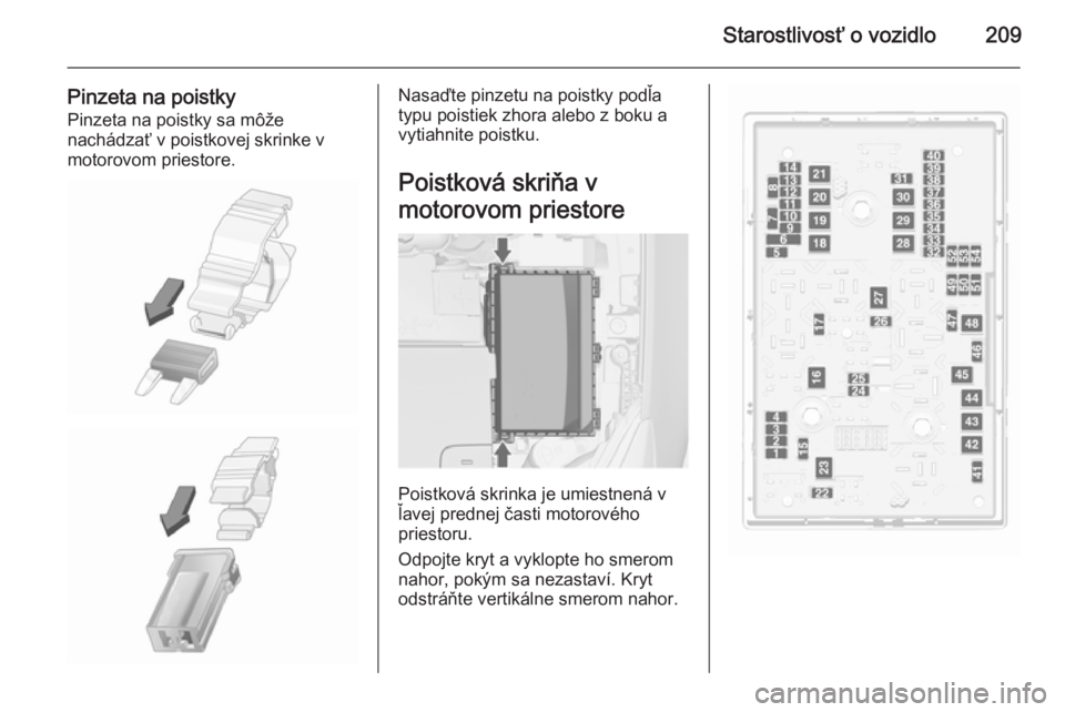 OPEL CASCADA 2015.5  Používateľská príručka (in Slovak) Starostlivosť o vozidlo209
Pinzeta na poistkyPinzeta na poistky sa môže
nachádzať v poistkovej skrinke v
motorovom priestore.Nasaďte pinzetu na poistky podľa
typu poistiek zhora alebo z boku a
