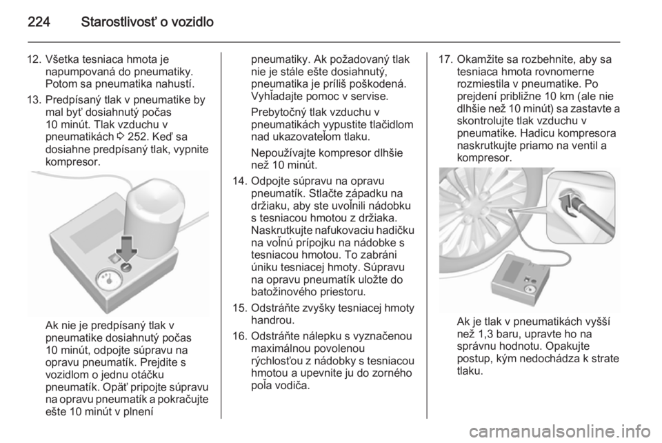 OPEL CASCADA 2015.5  Používateľská príručka (in Slovak) 224Starostlivosť o vozidlo
12. Všetka tesniaca hmota jenapumpovaná do pneumatiky.
Potom sa pneumatika nahustí.
13. Predpísaný tlak v pneumatike by mal byť dosiahnutý počas
10 minút. Tlak vzd