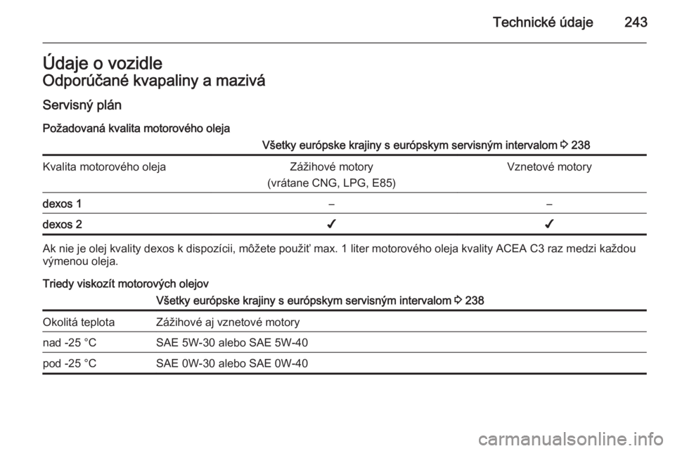 OPEL CASCADA 2015.5  Používateľská príručka (in Slovak) Technické údaje243Údaje o vozidleOdporúčané kvapaliny a maziváServisný plán Požadovaná kvalita motorového olejaVšetky európske krajiny s európskym servisným intervalom  3 238Kvalita mo