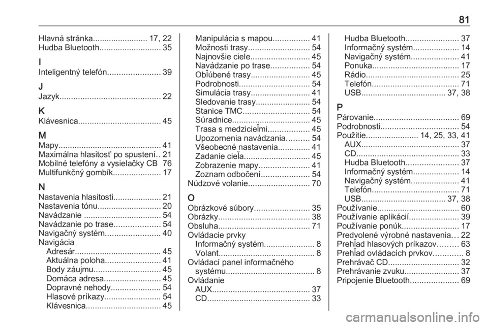 OPEL CASCADA 2016  Návod na obsluhu informačného systému (in Slovak) 81Hlavná stránka........................ 17, 22
Hudba Bluetooth ........................... 35
I
Inteligentný telefón .......................39
J
Jazyk ............................................