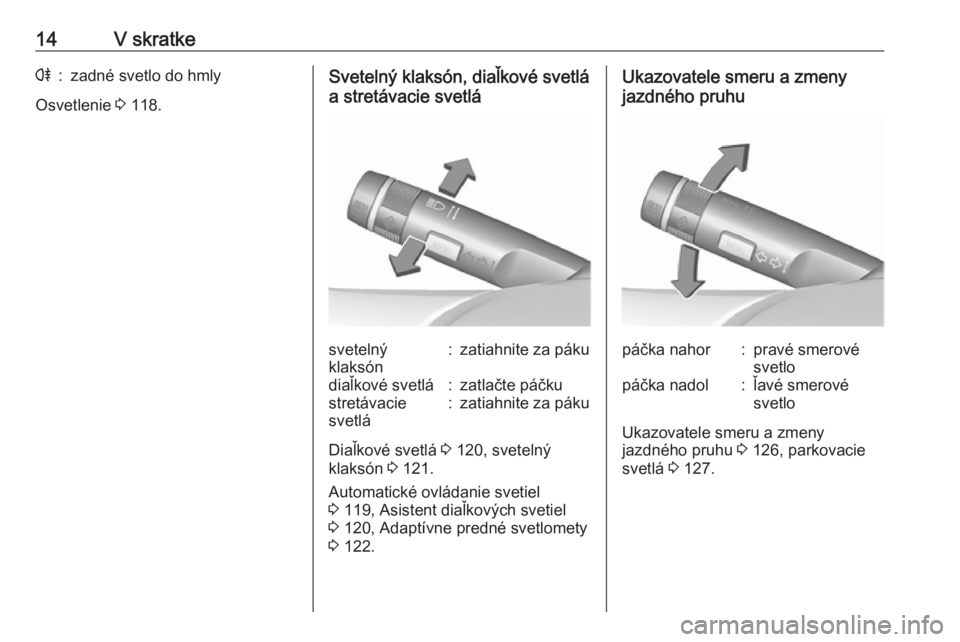 OPEL CASCADA 2016  Používateľská príručka (in Slovak) 14V skratker:zadné svetlo do hmly
Osvetlenie 3 118.
Svetelný klaksón, diaľkové svetlá
a stretávacie svetlásvetelný
klaksón:zatiahnite za pákudiaľkové svetlá:zatlačte páčkustretávacie