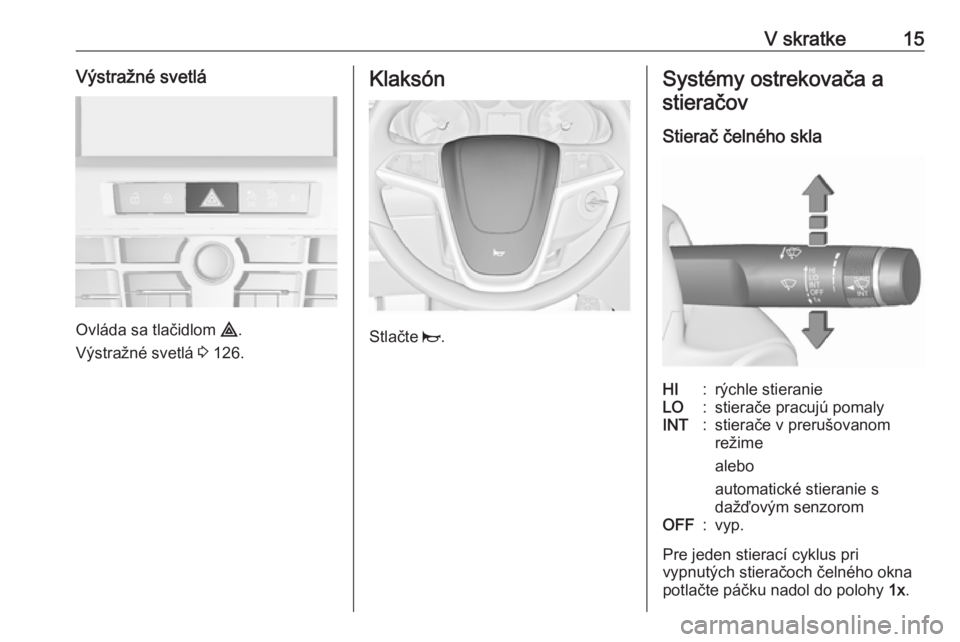 OPEL CASCADA 2016  Používateľská príručka (in Slovak) V skratke15Výstražné svetlá
Ovláda sa tlačidlom ¨.
Výstražné svetlá  3 126.
Klaksón
Stlačte  j.
Systémy ostrekovača a
stieračov
Stierač čelného sklaHI:rýchle stieranieLO:stierače 