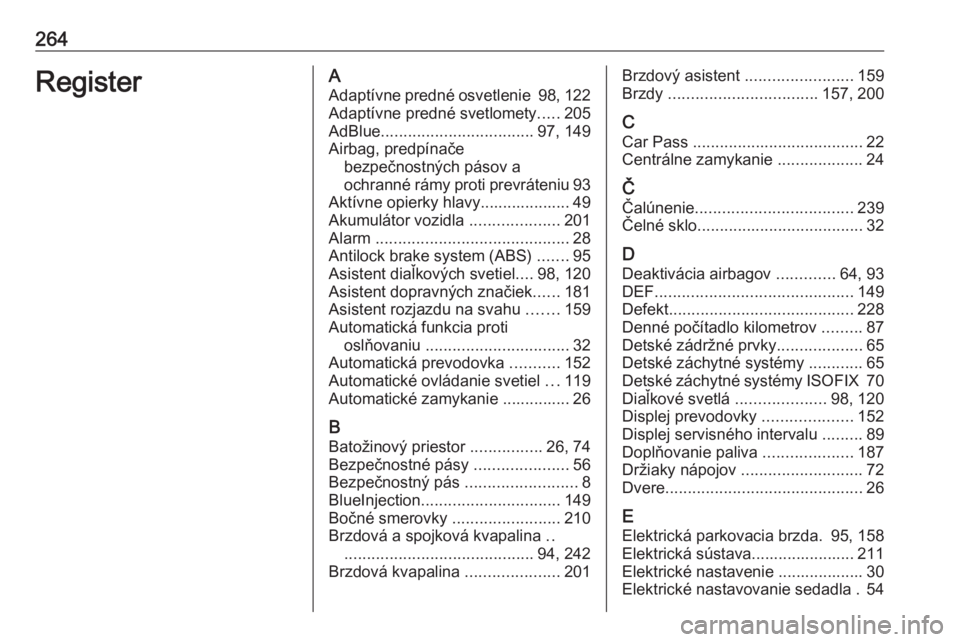 OPEL CASCADA 2016  Používateľská príručka (in Slovak) 264RegisterAAdaptívne predné osvetlenie  98, 122
Adaptívne predné svetlomety .....205
AdBlue .................................. 97, 149
Airbag, predpínače bezpečnostných pásov a
ochranné rá