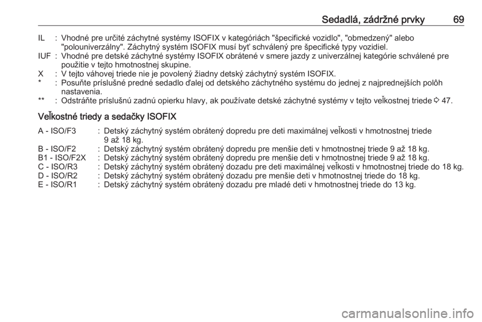 OPEL CASCADA 2016  Používateľská príručka (in Slovak) Sedadlá, zádržné prvky69IL:Vhodné pre určité záchytné systémy ISOFIX v kategóriách "špecifické vozidlo", "obmedzený" alebo"polouniverzálny". Záchytný systém 