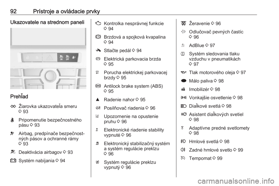 OPEL CASCADA 2016  Používateľská príručka (in Slovak) 92Prístroje a ovládacie prvkyUkazovatele na strednom paneli
Prehľad
OŽiarovka ukazovateľa smeru
3  93XPripomenutie bezpečnostného
pásu  3 93vAirbag, predpínače bezpečnost‐
ných pásov a 