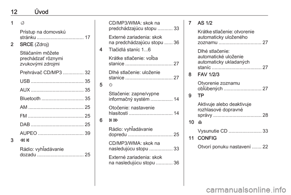 OPEL CASCADA 2017  Návod na obsluhu informačného systému (in Slovak) 12Úvod1;
Prístup na domovskú
stránku .................................. 17
2 SRCE  (Zdroj)
Stláčaním môžete
prechádzať rôznymi
zvukovými zdrojmi
Prehrávač CD/MP3 ...............32
USB .
