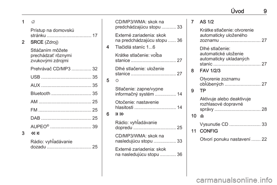 OPEL CASCADA 2017  Návod na obsluhu informačného systému (in Slovak) Úvod91;
Prístup na domovskú stránku .................................. 17
2 SRCE  (Zdroj)
Stláčaním môžete
prechádzať rôznymi
zvukovými zdrojmi
Prehrávač CD/MP3 ...............32
USB ..