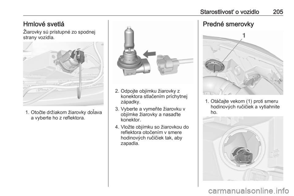 OPEL CASCADA 2017  Používateľská príručka (in Slovak) Starostlivosť o vozidlo205Hmlové svetlá
Žiarovky sú prístupné zo spodnej strany vozidla.
1. Otočte držiakom žiarovky doľava a vyberte ho z reflektora.
2. Odpojte objímku žiarovky zkonekto