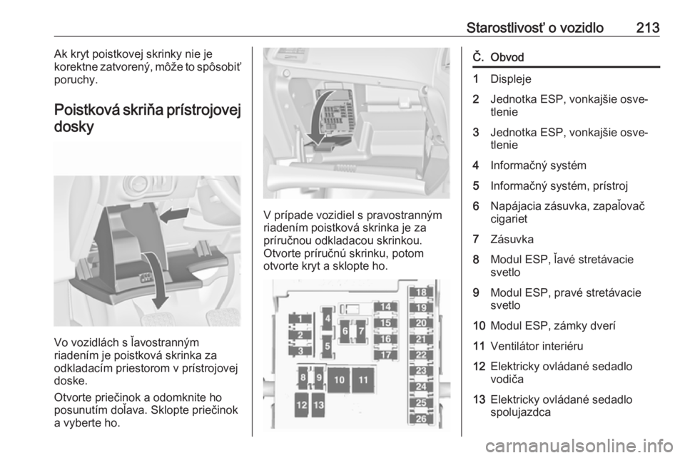 OPEL CASCADA 2017  Používateľská príručka (in Slovak) Starostlivosť o vozidlo213Ak kryt poistkovej skrinky nie je
korektne zatvorený, môže to spôsobiť poruchy.
Poistková skriňa prístrojovej dosky
Vo vozidlách s ľavostranným
riadením je poist