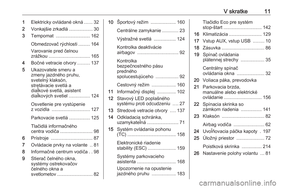 OPEL CASCADA 2017.5  Používateľská príručka (in Slovak) V skratke111Elektricky ovládané okná ......32
2 Vonkajšie zrkadlá ..................30
3 Tempomat  .......................... 162
Obmedzovač rýchlosti ......... 164 Varovanie pred čelnou
zrá�