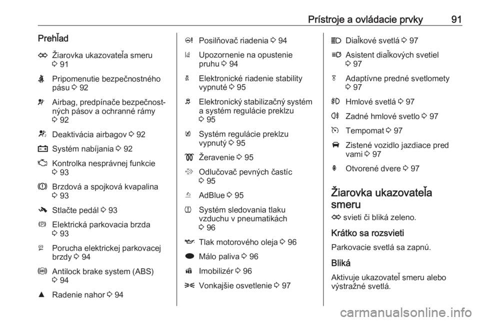 OPEL CASCADA 2017.5  Používateľská príručka (in Slovak) Prístroje a ovládacie prvky91PrehľadOŽiarovka ukazovateľa smeru
3  91XPripomenutie bezpečnostného
pásu  3 92vAirbag, predpínače bezpečnost‐
ných pásov a ochranné rámy
3  92VDeaktivác