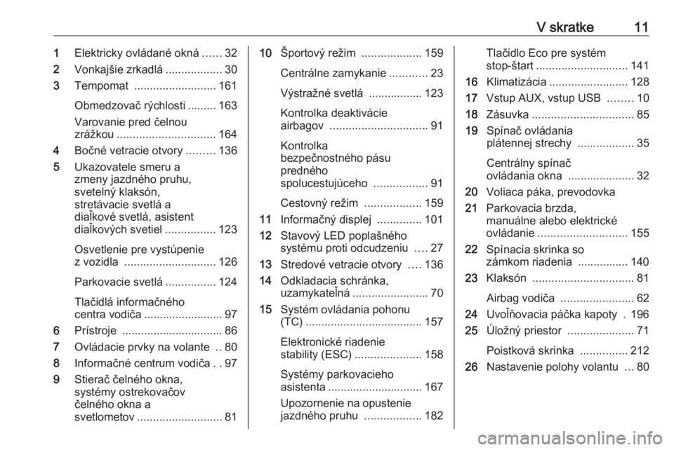 OPEL CASCADA 2018  Používateľská príručka (in Slovak) V skratke111Elektricky ovládané okná ......32
2 Vonkajšie zrkadlá ..................30
3 Tempomat  .......................... 161
Obmedzovač rýchlosti ......... 163 Varovanie pred čelnou
zrá�