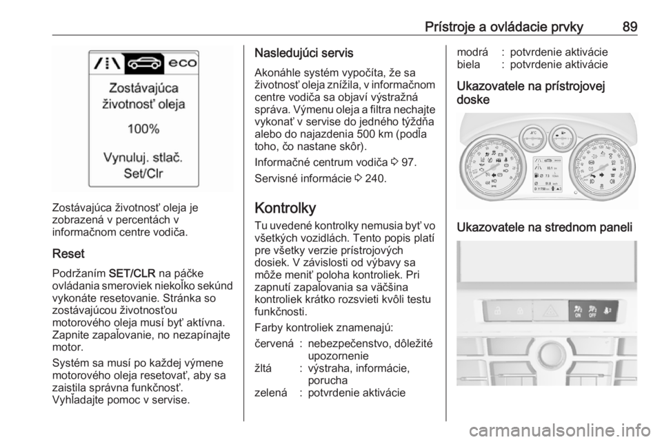 OPEL CASCADA 2018  Používateľská príručka (in Slovak) Prístroje a ovládacie prvky89
Zostávajúca životnosť oleja je
zobrazená v percentách v
informačnom centre vodiča.
Reset Podržaním  SET/CLR na páčke
ovládania smeroviek niekoľko sekúnd
