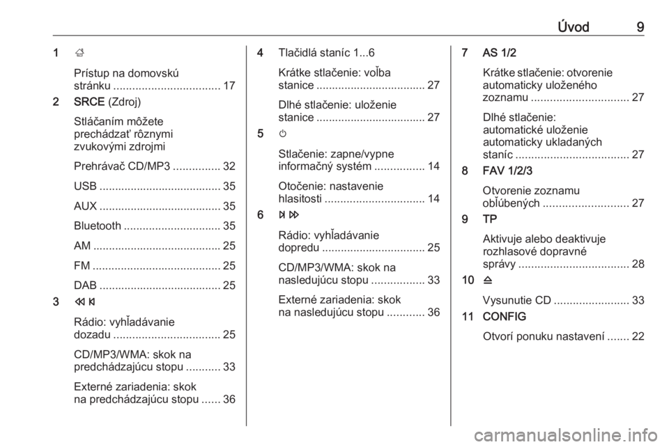 OPEL CASCADA 2018.5  Návod na obsluhu informačného systému (in Slovak) Úvod91;
Prístup na domovskú stránku .................................. 17
2 SRCE  (Zdroj)
Stláčaním môžete
prechádzať rôznymi
zvukovými zdrojmi
Prehrávač CD/MP3 ...............32
USB ..