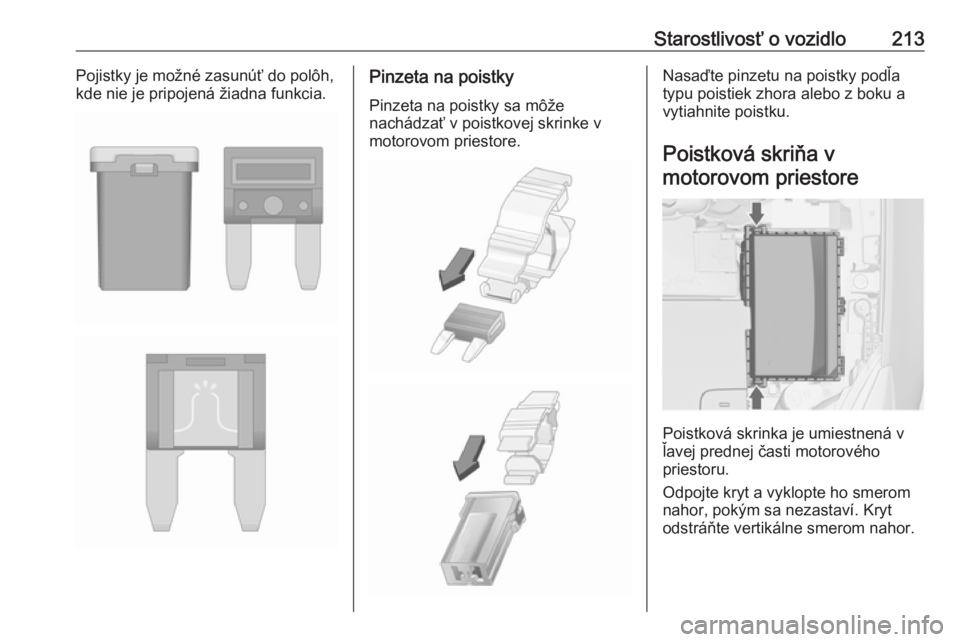 OPEL CASCADA 2018.5  Používateľská príručka (in Slovak) Starostlivosť o vozidlo213Pojistky je možné zasunúť do polôh,
kde nie je pripojená žiadna funkcia.Pinzeta na poistky
Pinzeta na poistky sa môže
nachádzať v poistkovej skrinke v motorovom p