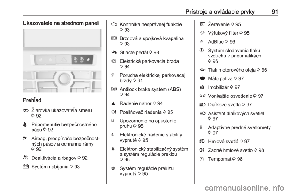 OPEL CASCADA 2018.5  Používateľská príručka (in Slovak) Prístroje a ovládacie prvky91Ukazovatele na strednom paneli
Prehľad
OŽiarovka ukazovateľa smeru
3  92XPripomenutie bezpečnostného
pásu  3 92vAirbag, predpínače bezpečnost‐
ných pásov a 