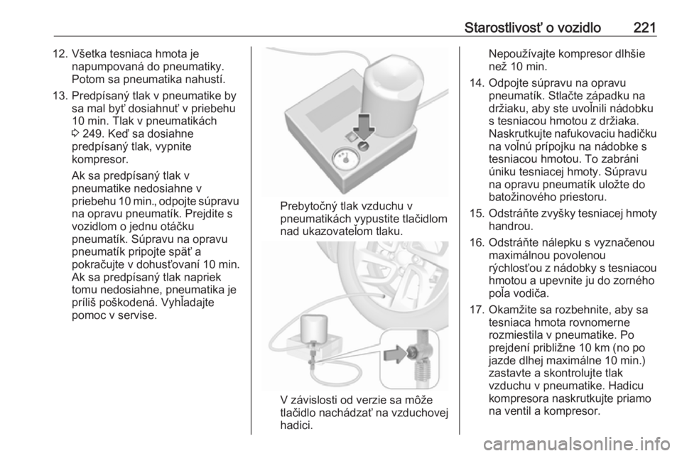OPEL CASCADA 2019  Používateľská príručka (in Slovak) Starostlivosť o vozidlo22112. Všetka tesniaca hmota jenapumpovaná do pneumatiky.
Potom sa pneumatika nahustí.
13. Predpísaný tlak v pneumatike by sa mal byť dosiahnuť v priebehu
10 min. Tlak v