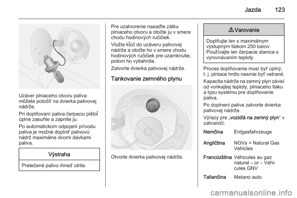OPEL COMBO 2014  Používateľská príručka (in Slovak) Jazda123
Uzáver plniaceho otvoru paliva
môžete položiť na dvierka palivovej
nádrže.
Pri doplňovaní paliva čerpaciu pištoľ
úplne zasuňte a zapnite ju.
Po automatickom odpojení prívodu
p