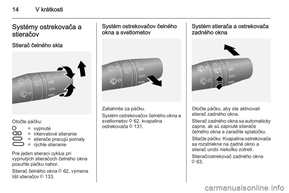 OPEL COMBO 2014  Používateľská príručka (in Slovak) 14V krátkostiSystémy ostrekovača a
stieračov
Stierač čelného skla
Otočte páčku:
§=vypnutéÇ=intervalové stieranieÈ=stierače pracujú pomalyÉ=rýchle stieranie
Pre jeden stierací cyklu