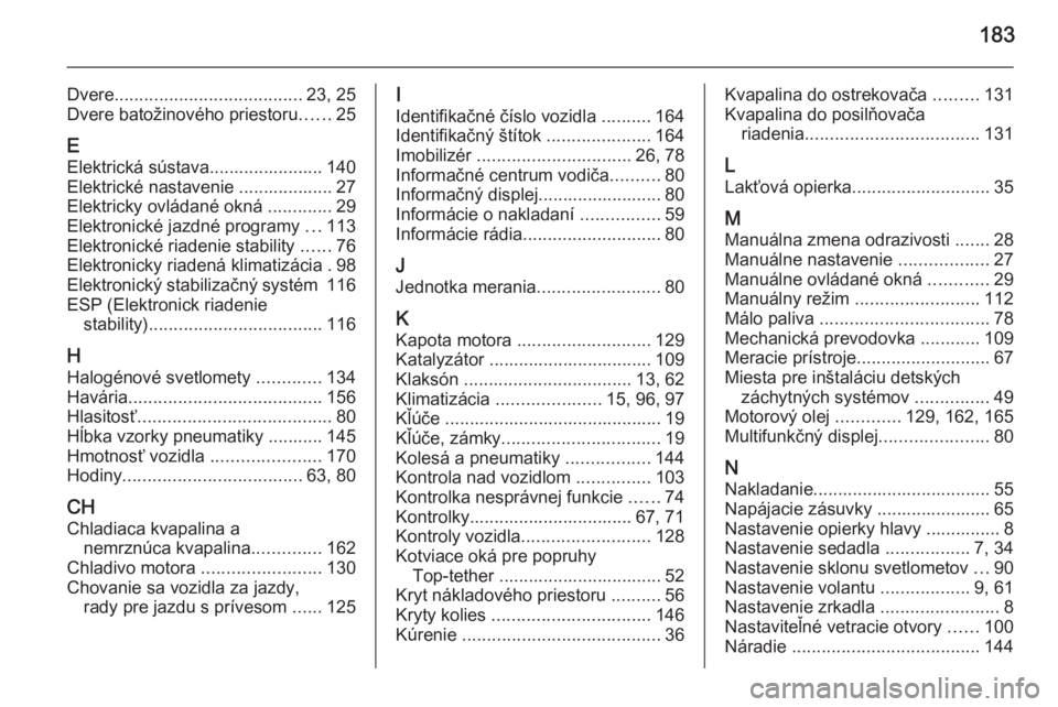 OPEL COMBO 2014  Používateľská príručka (in Slovak) 183
Dvere...................................... 23, 25
Dvere batožinového priestoru ......25
E Elektrická sústava....................... 140
Elektrické nastavenie ................... 27
Elektrick
