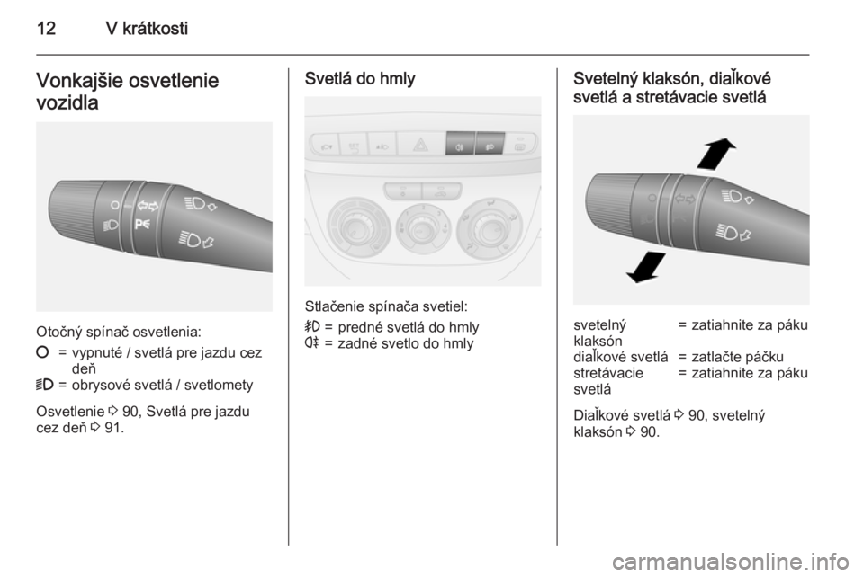 OPEL COMBO 2015  Používateľská príručka (in Slovak) 12V krátkostiVonkajšie osvetlenie
vozidla
Otočný spínač osvetlenia:
§=vypnuté / svetlá pre jazdu cez
deň9=obrysové svetlá / svetlomety
Osvetlenie  3 90, Svetlá pre jazdu
cez deň  3 91.
S
