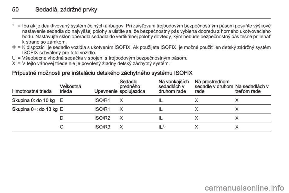 OPEL COMBO 2015  Používateľská príručka (in Slovak) 50Sedadlá, zádržné prvky
1=Iba ak je deaktivovaný systém čelných airbagov. Pri zaisťovaní trojbodovým bezpečnostným pásom posuňte výškovénastavenie sedadla do najvyššej polohy a ui