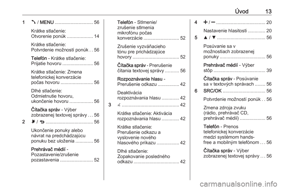 OPEL COMBO 2016  Návod na obsluhu informačného systému (in Slovak) Úvod131Â / MENU ............................. 56
Krátke stlačenie:
Otvorenie ponúk ...................14
Krátke stlačenie:
Potvrdenie možností ponúk ..56
Telefón  - Krátke stlačenie:
Prij