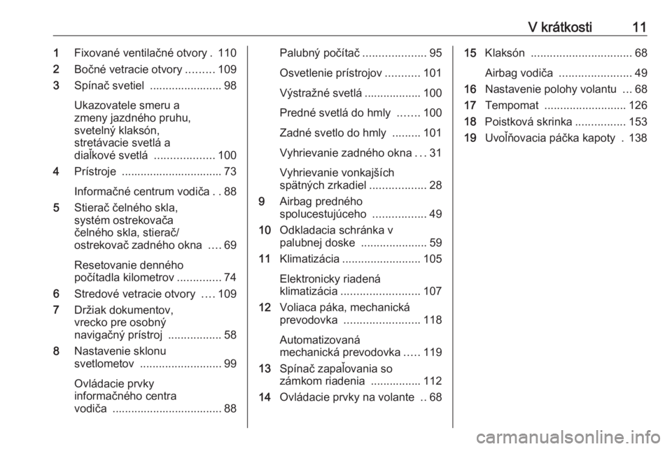 OPEL COMBO 2016  Používateľská príručka (in Slovak) V krátkosti111Fixované ventilačné otvory . 110
2 Bočné vetracie otvory .........109
3 Spínač svetiel  ....................... 98
Ukazovatele smeru a
zmeny jazdného pruhu,
svetelný klaksón,
