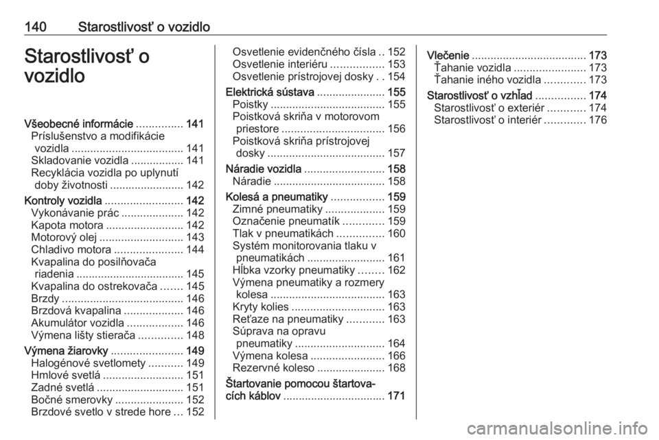 OPEL COMBO 2017  Používateľská príručka (in Slovak) 140Starostlivosť o vozidloStarostlivosť o
vozidloVšeobecné informácie ...............141
Príslušenstvo a modifikácie vozidla .................................... 141
Skladovanie vozidla ......
