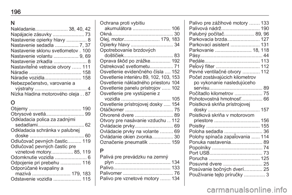 OPEL COMBO 2017  Používateľská príručka (in Slovak) 196NNakladanie ....................... 38, 40, 42
Napájacie zásuvky ....................... 73
Nastavenie opierky hlavy ............... 8
Nastavenie sedadla  .................7, 37
Nastavenie sklonu