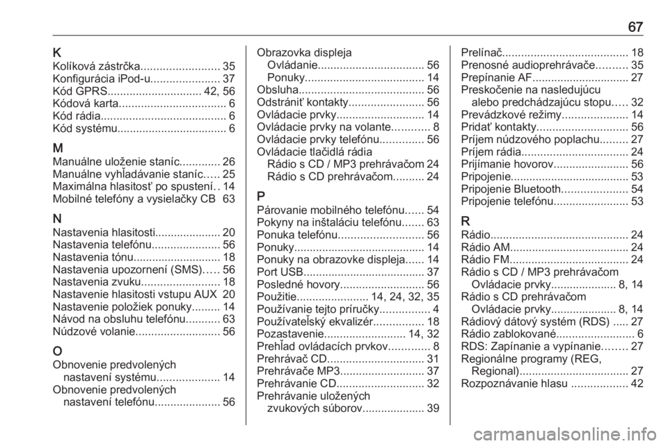 OPEL COMBO D 2018  Návod na obsluhu informačného systému (in Slovak) 67KKolíková zástrčka .........................35
Konfigurácia iPod-u ......................37
Kód GPRS .............................. 42, 56
Kódová karta .................................. 6
K