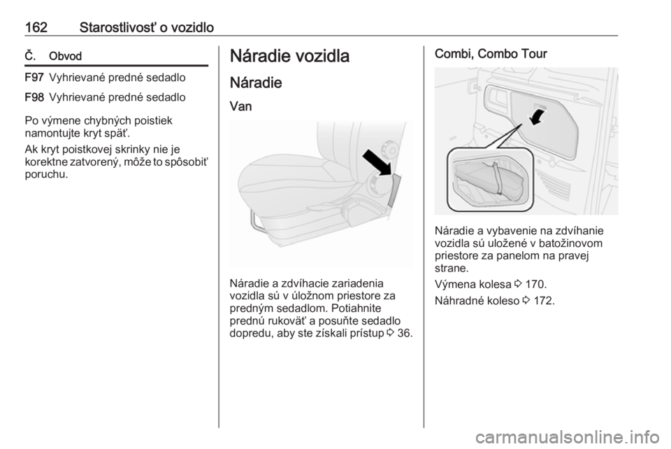 OPEL COMBO D 2018  Používateľská príručka (in Slovak) 162Starostlivosť o vozidloČ.ObvodF97Vyhrievané predné sedadloF98Vyhrievané predné sedadlo
Po výmene chybných poistiek
namontujte kryt späť.
Ak kryt poistkovej skrinky nie je
korektne zatvore