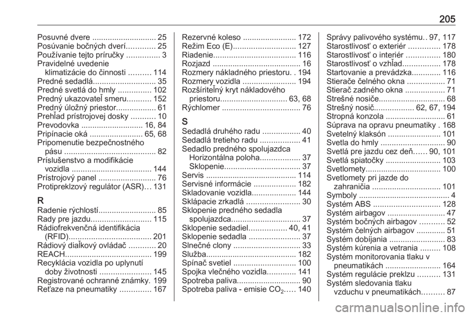 OPEL COMBO D 2018  Používateľská príručka (in Slovak) 205Posuvné dvere ............................. 25
Posúvanie bočných dverí .............25
Používanie tejto príručky  ...............3
Pravidelné uvedenie klimatizácie do činnosti  ........