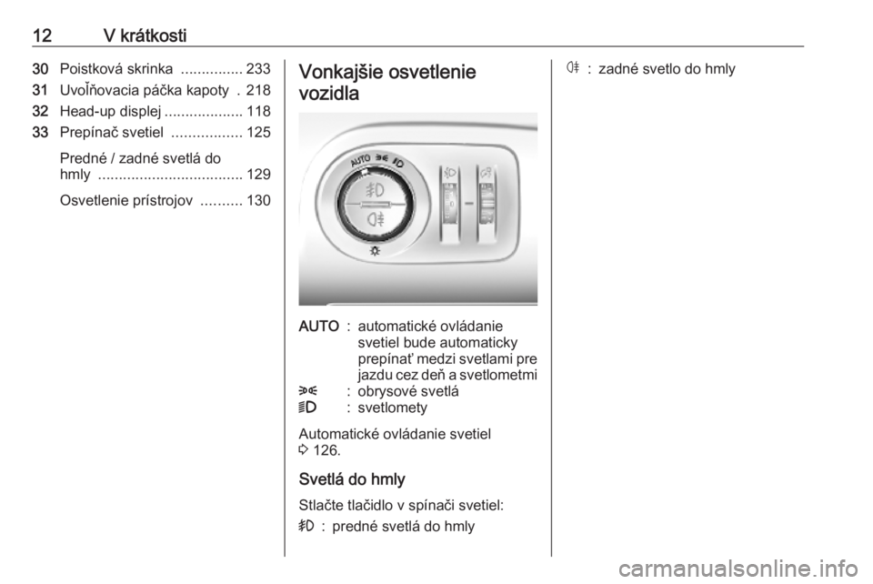 OPEL COMBO E 2019  Používateľská príručka (in Slovak) 12V krátkosti30Poistková skrinka  ...............233
31 Uvoľňovacia páčka kapoty  . 218
32 Head-up displej ...................118
33 Prepínač svetiel  .................125
Predné / zadné sve