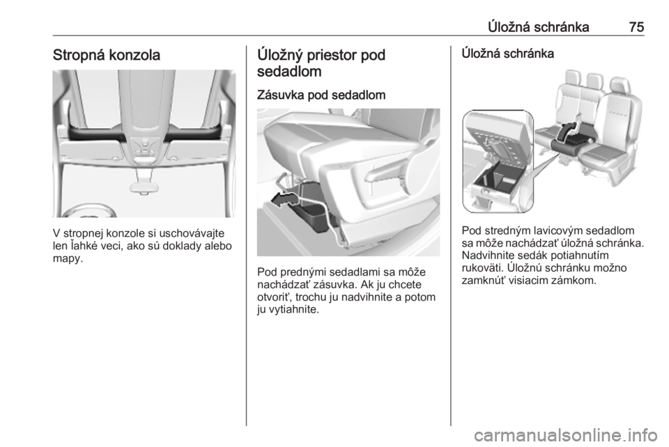 OPEL COMBO E 2019  Používateľská príručka (in Slovak) Úložná schránka75Stropná konzola
V stropnej konzole si uschovávajte
len ľahké veci, ako sú doklady alebo
mapy.
Úložný priestor pod
sedadlom
Zásuvka pod sedadlom
Pod prednými sedadlami sa