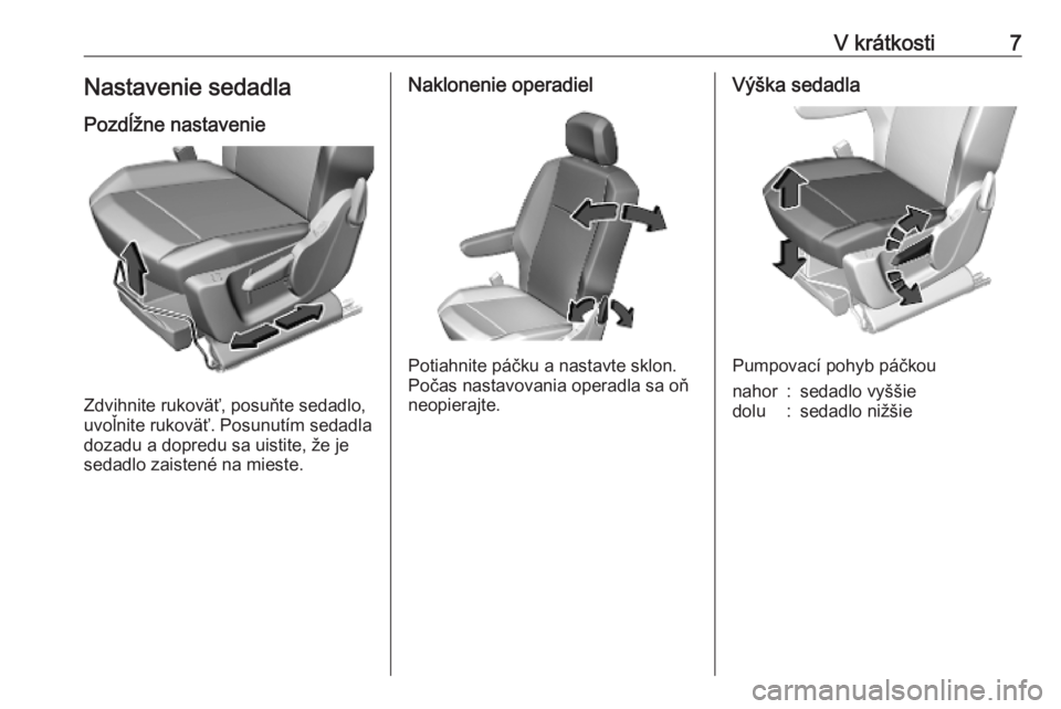 OPEL COMBO E 2019  Používateľská príručka (in Slovak) V krátkosti7Nastavenie sedadlaPozdĺžne nastavenie
Zdvihnite rukoväť, posuňte sedadlo,
uvoľnite rukoväť. Posunutím sedadla
dozadu a dopredu sa uistite, že je
sedadlo zaistené na mieste.
Nak