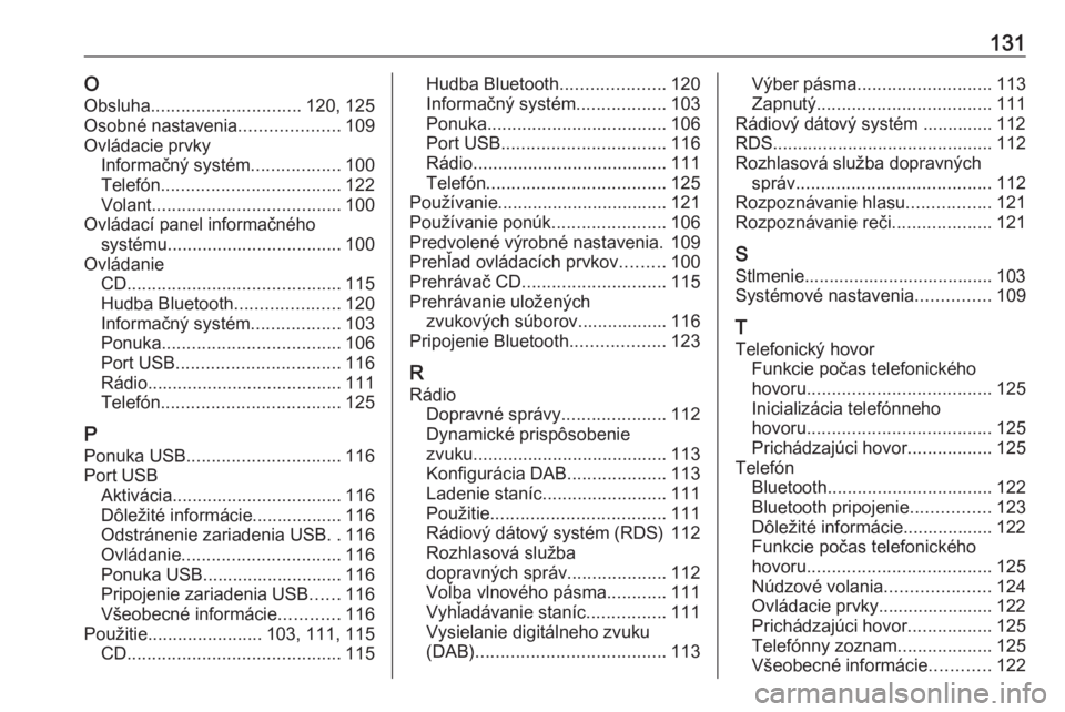 OPEL COMBO E 2019.1  Návod na obsluhu informačného systému (in Slovak) 131OObsluha .............................. 120, 125
Osobné nastavenia ....................109
Ovládacie prvky Informačný systém ..................100
Telefón ....................................