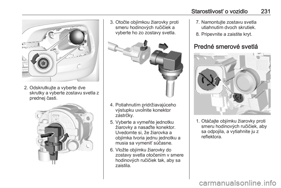 OPEL COMBO E 2019.1  Používateľská príručka (in Slovak) Starostlivosť o vozidlo231
2. Odskrutkujte a vyberte dveskrutky a vyberte zostavu svetla z
prednej časti.
3. Otočte objímkou žiarovky proti smeru hodinových ručičiek avyberte ho zo zostavy sve