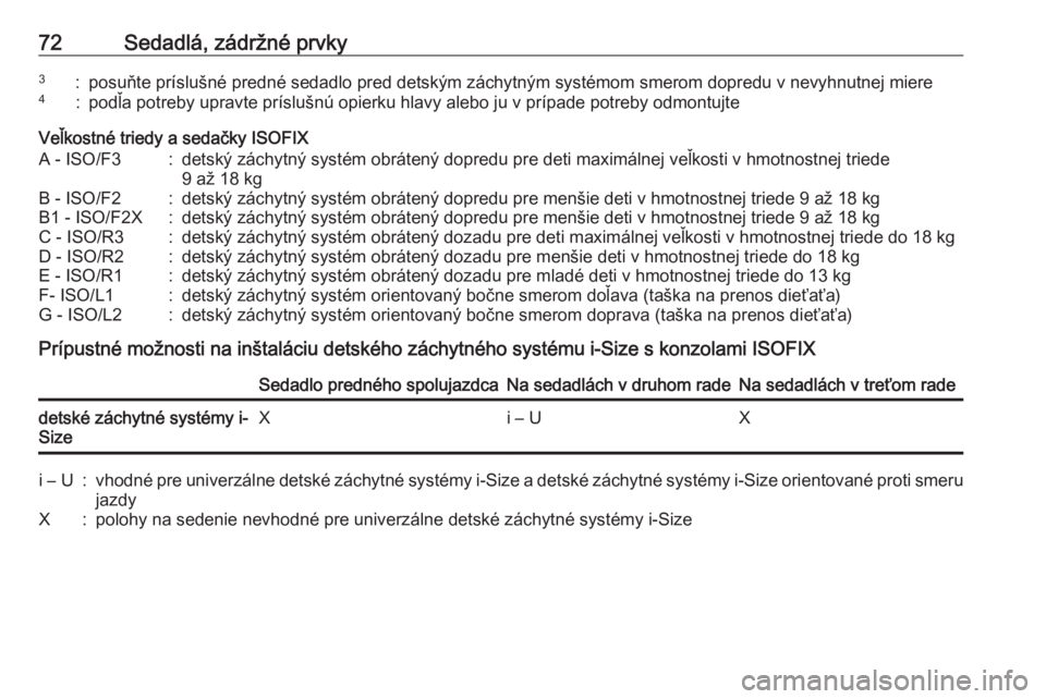 OPEL COMBO E 2019.1  Používateľská príručka (in Slovak) 72Sedadlá, zádržné prvky3:posuňte príslušné predné sedadlo pred detským záchytným systémom smerom dopredu v nevyhnutnej miere4:podľa potreby upravte príslušnú opierku hlavy alebo ju v
