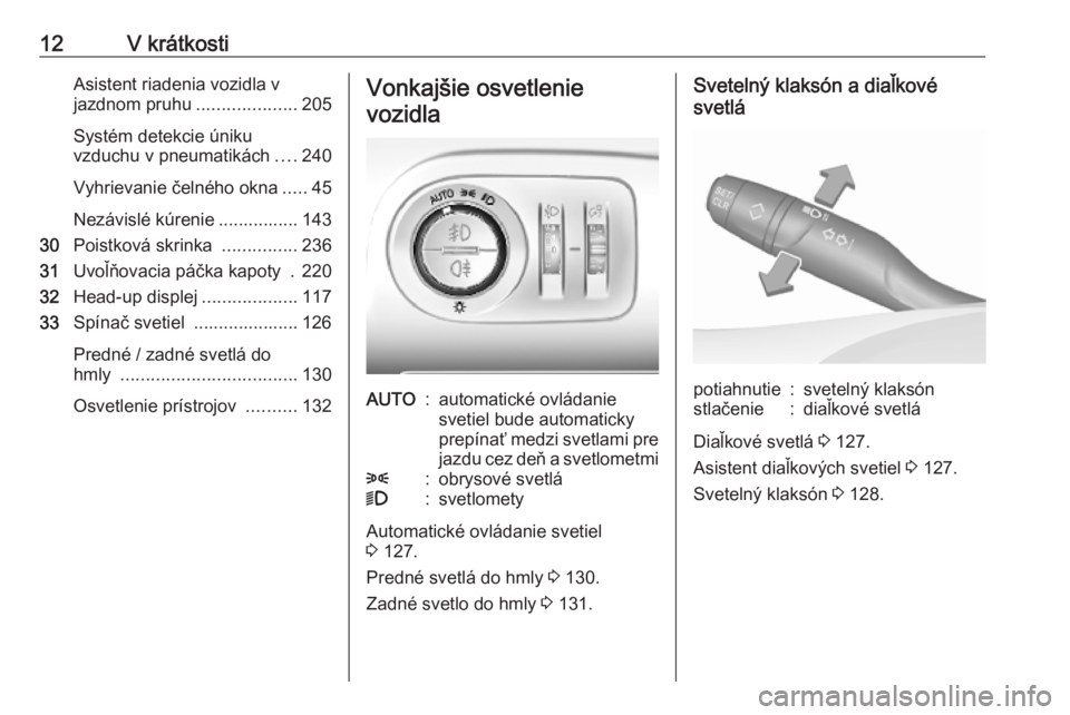 OPEL COMBO E 2019.75  Používateľská príručka (in Slovak) 12V krátkostiAsistent riadenia vozidla v
jazdnom pruhu ....................205
Systém detekcie úniku
vzduchu v pneumatikách ....240
Vyhrievanie čelného okna .....45
Nezávislé kúrenie ........