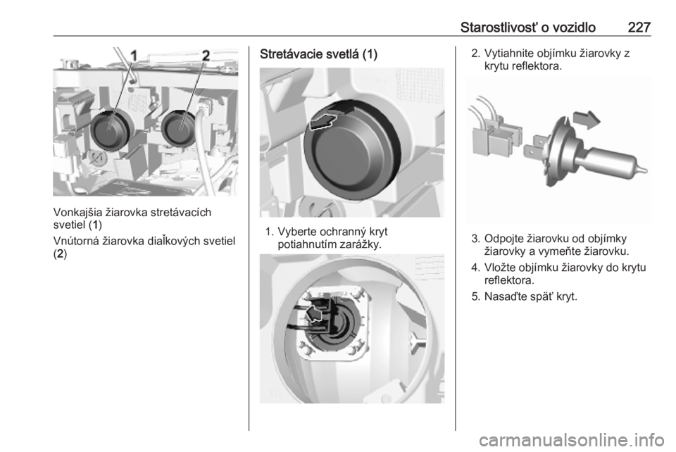 OPEL COMBO E 2019.75  Používateľská príručka (in Slovak) Starostlivosť o vozidlo227
Vonkajšia žiarovka stretávacích
svetiel ( 1)
Vnútorná žiarovka diaľkových svetiel
( 2 )
Stretávacie svetlá (1)
1. Vyberte ochranný kryt
potiahnutím zarážky.
