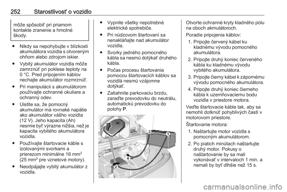 OPEL COMBO E 2019.75  Používateľská príručka (in Slovak) 252Starostlivosť o vozidlomôže spôsobiť pri priamom
kontakte zranenie a hmotné
škody.
● Nikdy sa nepohybujte v blízkosti akumulátora vozidla s otvorenýmohňom alebo zdrojom iskier.
● Vyb