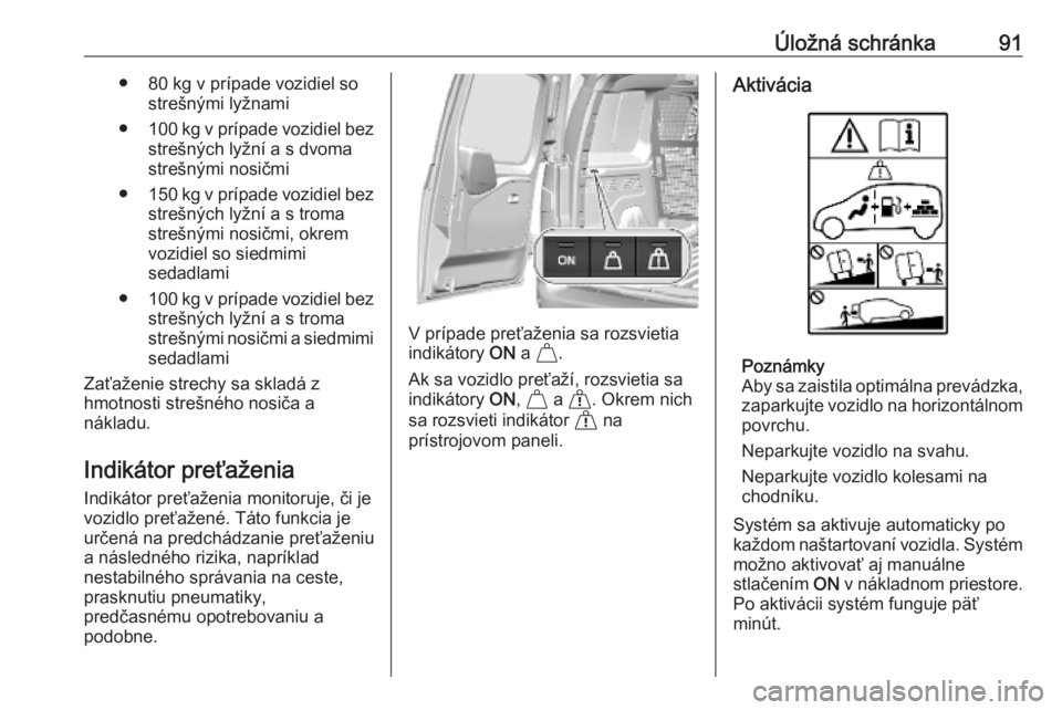 OPEL COMBO E 2019.75  Používateľská príručka (in Slovak) Úložná schránka91● 80 kg v prípade vozidiel sostrešnými lyžnami
● 100 kg v prípade vozidiel bez
strešných lyžní a s dvoma
strešnými nosičmi
● 150 kg v prípade vozidiel bez
stre�