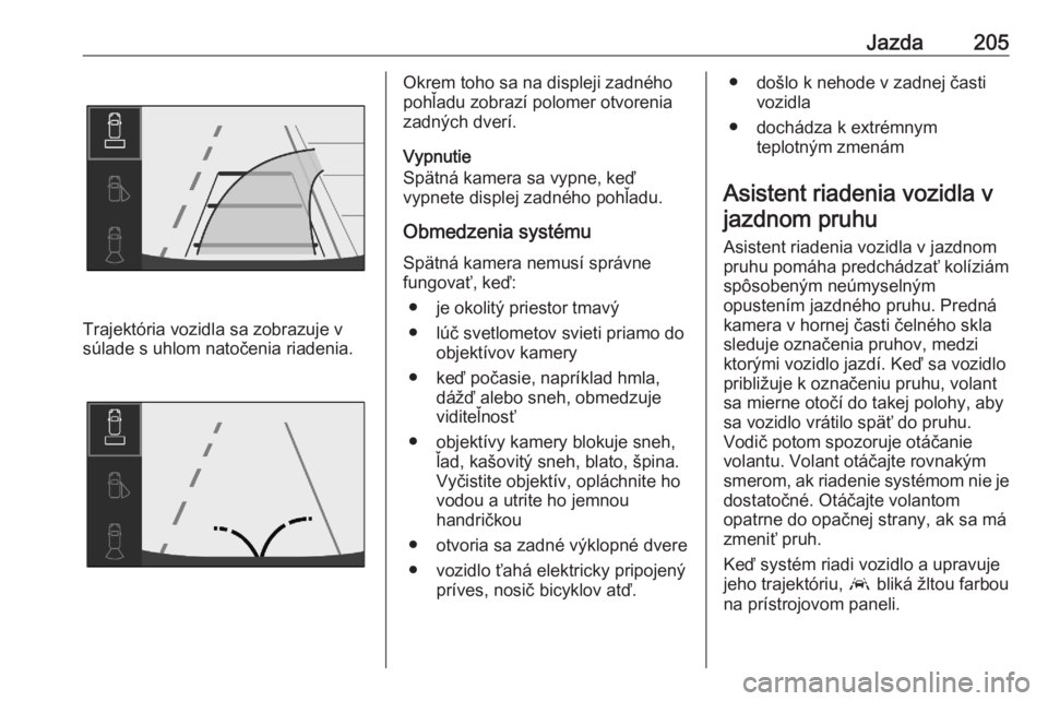 OPEL COMBO E 2020  Používateľská príručka (in Slovak) Jazda205
Trajektória vozidla sa zobrazuje v
súlade s uhlom natočenia riadenia.
Okrem toho sa na displeji zadného
pohľadu zobrazí polomer otvorenia
zadných dverí.
Vypnutie
Spätná kamera sa vy