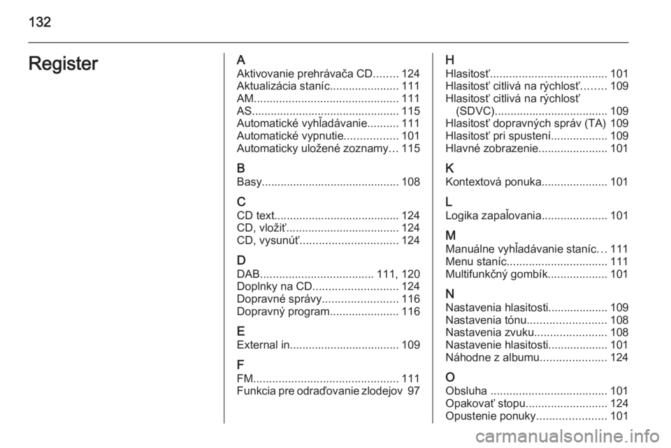 OPEL CORSA 2014.5  Používateľská príručka (in Slovak) 132RegisterAAktivovanie prehrávača CD ........124
Aktualizácia staníc ......................111
AM .............................................. 111
AS ...........................................