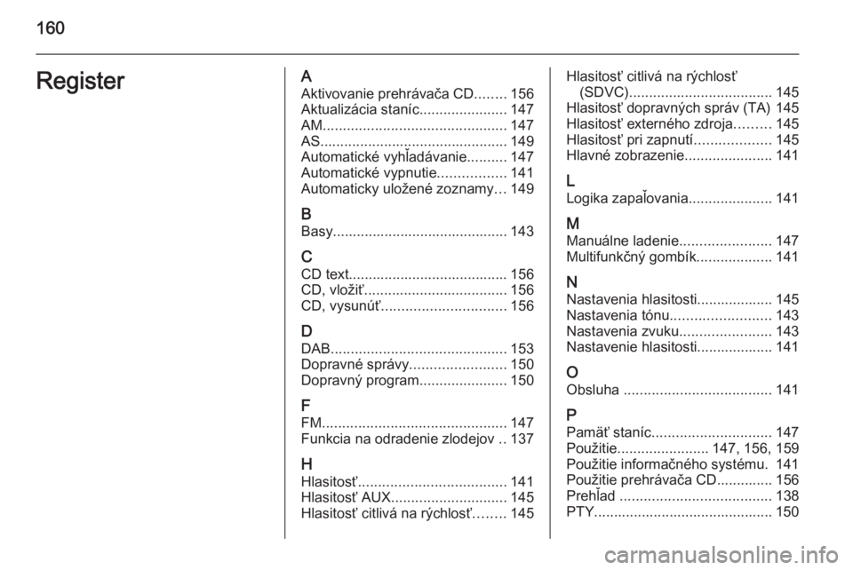 OPEL CORSA 2014.5  Používateľská príručka (in Slovak) 160RegisterAAktivovanie prehrávača CD ........156
Aktualizácia staníc ......................147
AM .............................................. 147
AS ...........................................
