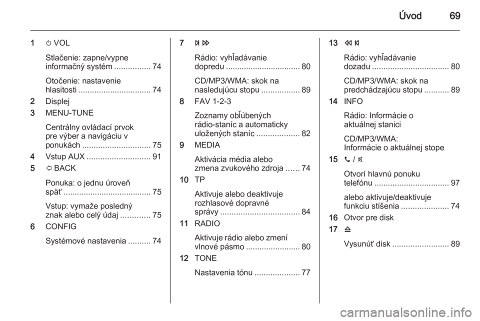 OPEL KARL 2016.5  Návod na obsluhu informačného systému (in Slovak) Úvod69
1m VOL
Stlačenie: zapne/vypne
informačný systém ................74
Otočenie: nastavenie
hlasitosti ................................ 74
2 Displej
3 MENU-TUNE
Centrálny ovládací prvok
pr