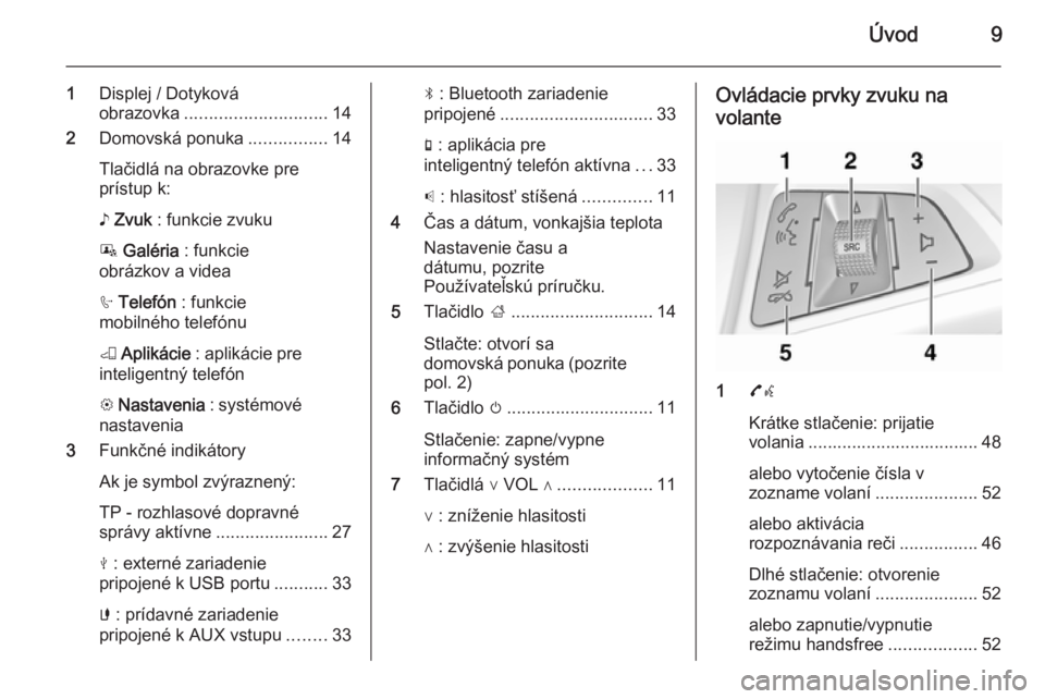 OPEL KARL 2016.5  Návod na obsluhu informačného systému (in Slovak) Úvod9
1Displej / Dotyková
obrazovka ............................. 14
2 Domovská ponuka ................14
Tlačidlá na obrazovke pre
prístup k:
♪  Zvuk  : funkcie zvuku
P  Galéria  : funkcie
o