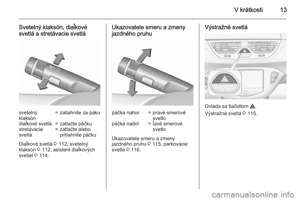 OPEL CORSA 2015.5  Používateľská príručka (in Slovak) V krátkosti13
Svetelný klaksón, diaľkové
svetlá a stretávacie svetlásvetelný
klaksón=zatiahnite za pákudiaľkové svetlá=zatlačte páčkustretávacie
svetlá=zatlačte alebo
pritiahnite p