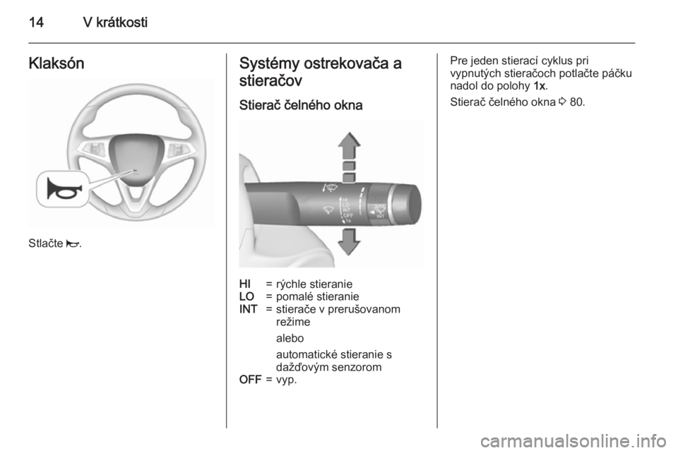 OPEL CORSA 2015.75  Používateľská príručka (in Slovak) 14V krátkostiKlaksón
Stlačte j.
Systémy ostrekovača a
stieračov
Stierač čelného oknaHI=rýchle stieranieLO=pomalé stieranieINT=stierače v prerušovanom
režime
alebo
automatické stieranie 